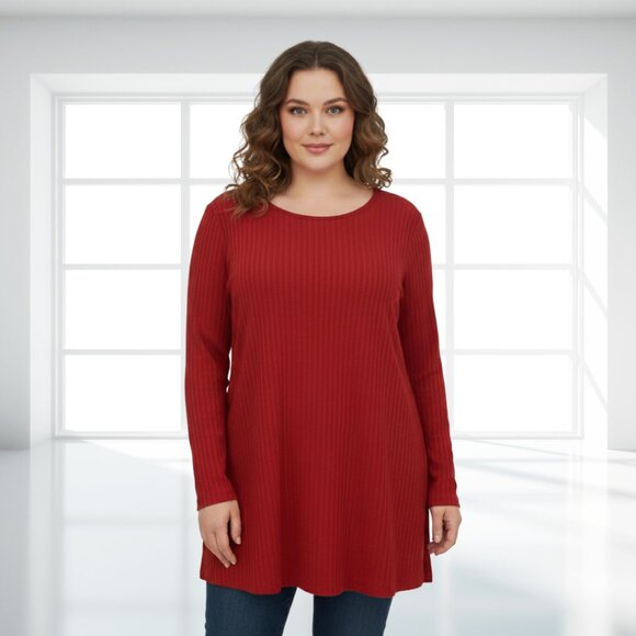 Calvin Klein Plus Size 2X Red Ribbed Tunic Top Long Sleeve Logo Blouse - Picture 1 of 13